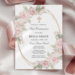 Invitación Elegante Comunión floral rosa