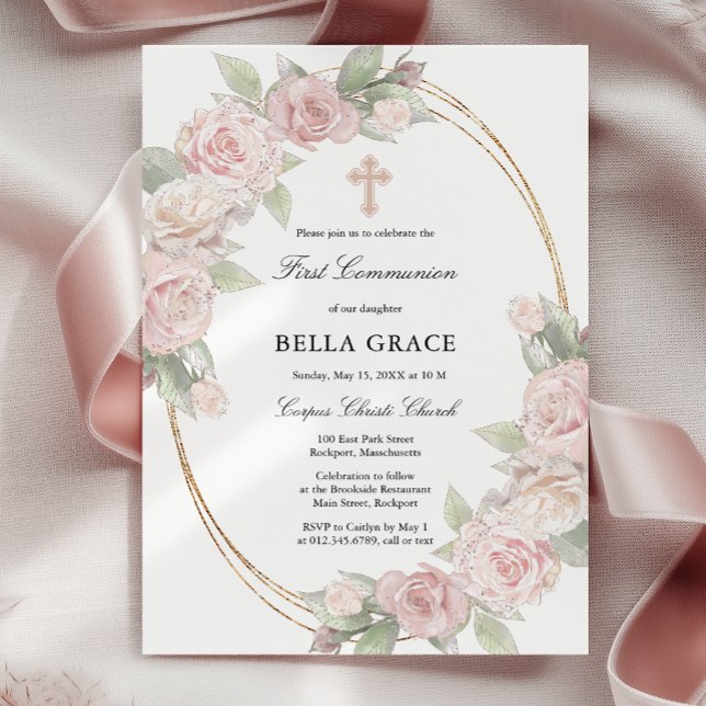 Invitación Elegante Comunión floral rosa (Subido por el creador)