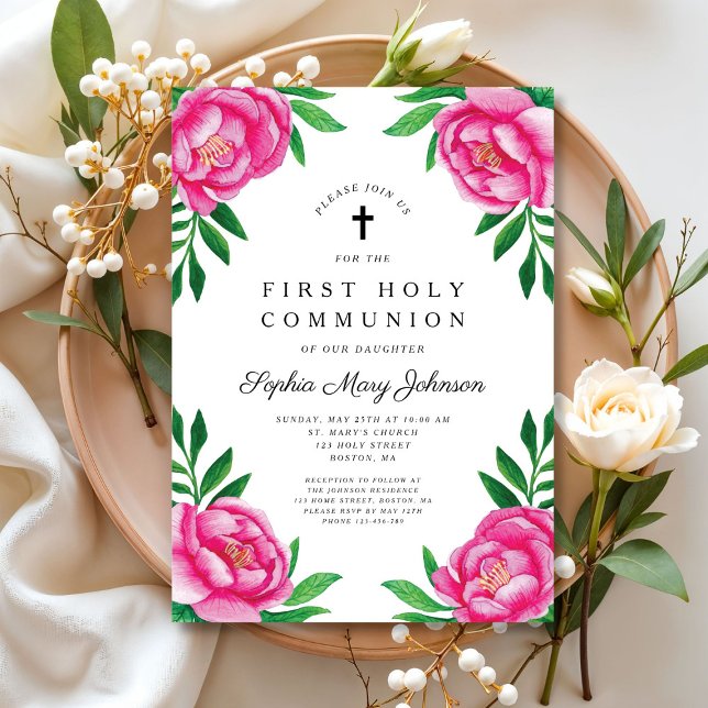 Invitación Elegante Comunión floral rosa (Elegant Pink Floral First Communion Invitation)
