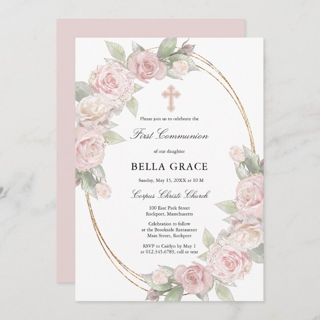 Invitación Elegante Comunión floral rosa (Anverso / Reverso)
