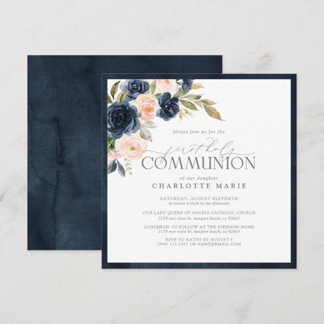 Invitación Elegante Comunión floral rosa Rubor azul de la mar (Anverso / Reverso)