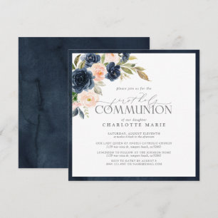 Invitación Elegante Comunión floral rosa Rubor azul de la mar
