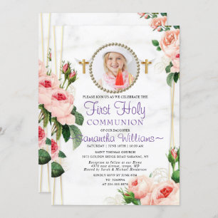 Invitación Elegante Comunión floral Rubor Rosy