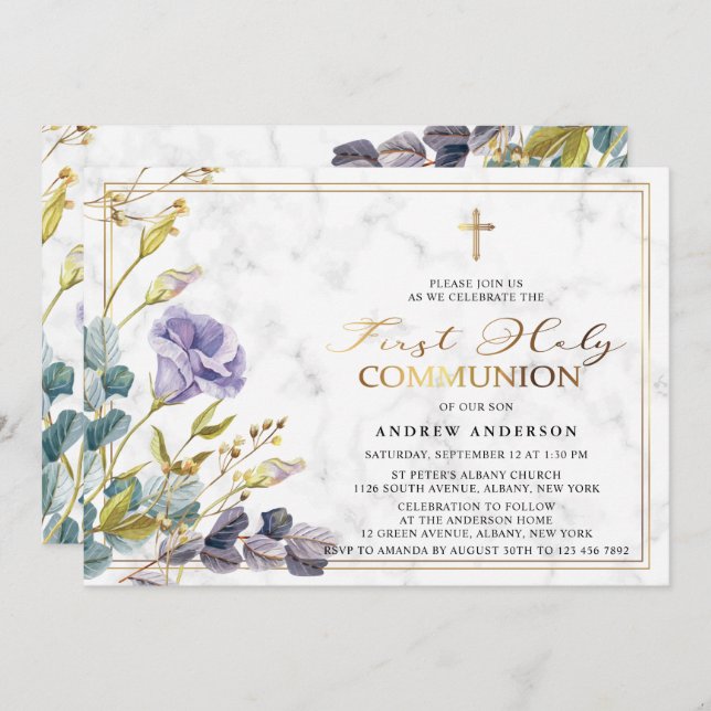 Invitación Elegante Comunión floral vintage (Anverso / Reverso)
