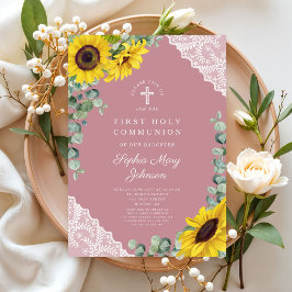 Invitación Elegante Comunión Moderna Cruz Floral Rosa Primera