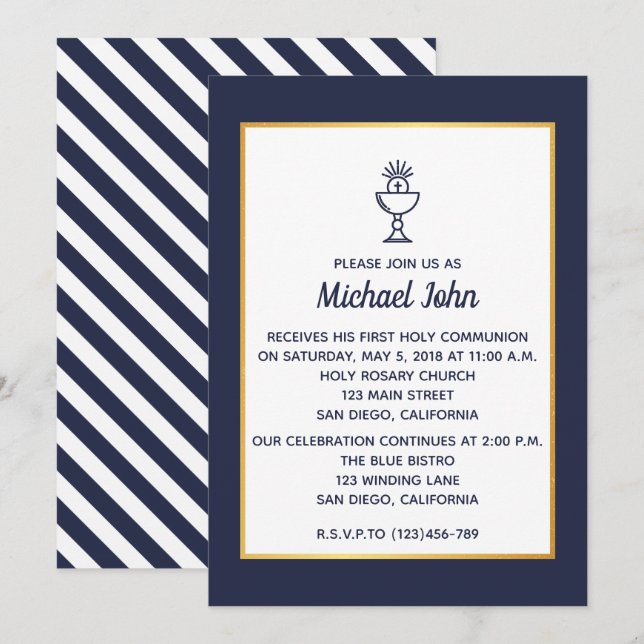 Invitación Elegante Comunión Nautical Blue Faux Gold (Anverso / Reverso)