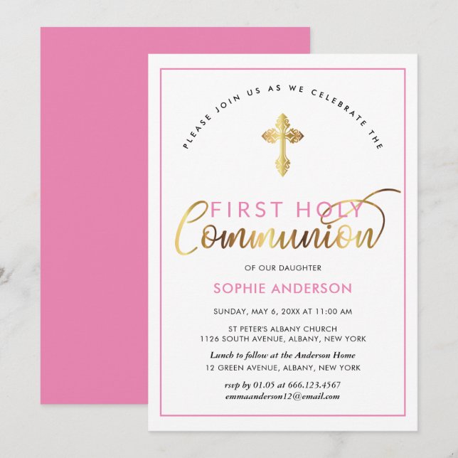 Invitación Elegante Comunión Rosa Y Oro Primero Santa (Anverso / Reverso)