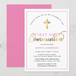 Invitación Elegante Comunión Rosa Y Oro Primero Santa