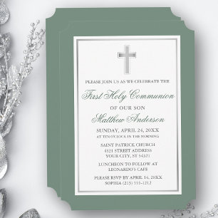 Invitación Elegante Comunión Verde Cruzado De Plata