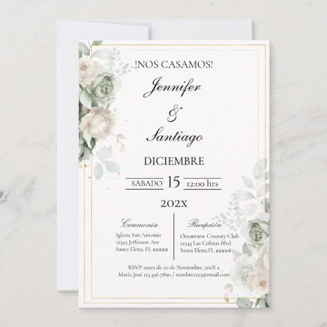 Invitación elegante con flor blanca para boda (Anverso)
