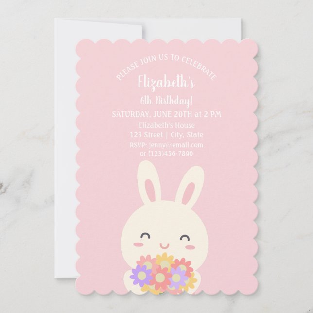 Invitación Elegante conejito rosado y Chica de flores cumplea (Anverso)