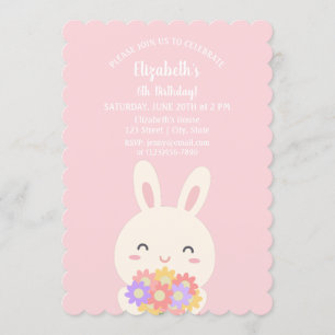 Invitación Elegante conejito rosado y Chica de flores cumplea