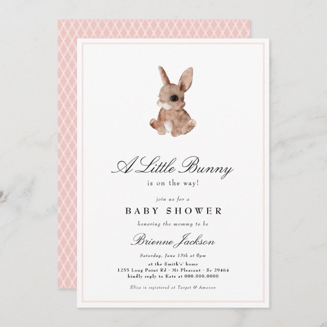 Invitación Elegante conejito Rubor Chica rosa Baby Shower (Anverso / Reverso)