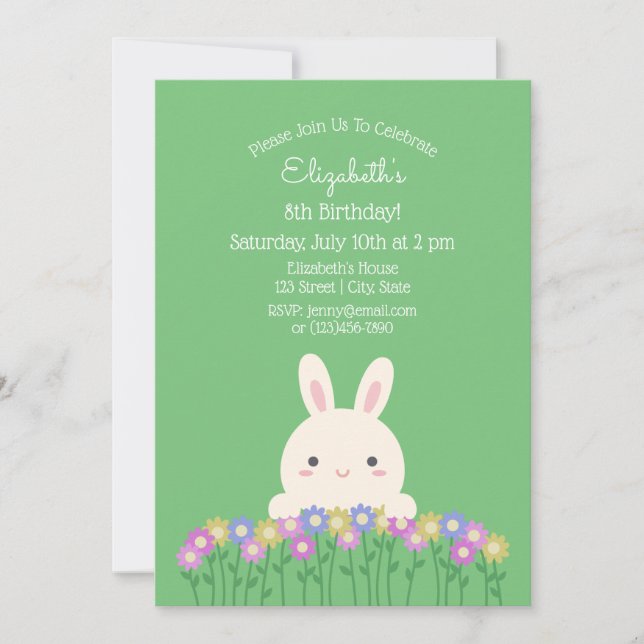 Invitación Elegante conejito y florido cumpleaños verde sabio (Anverso)