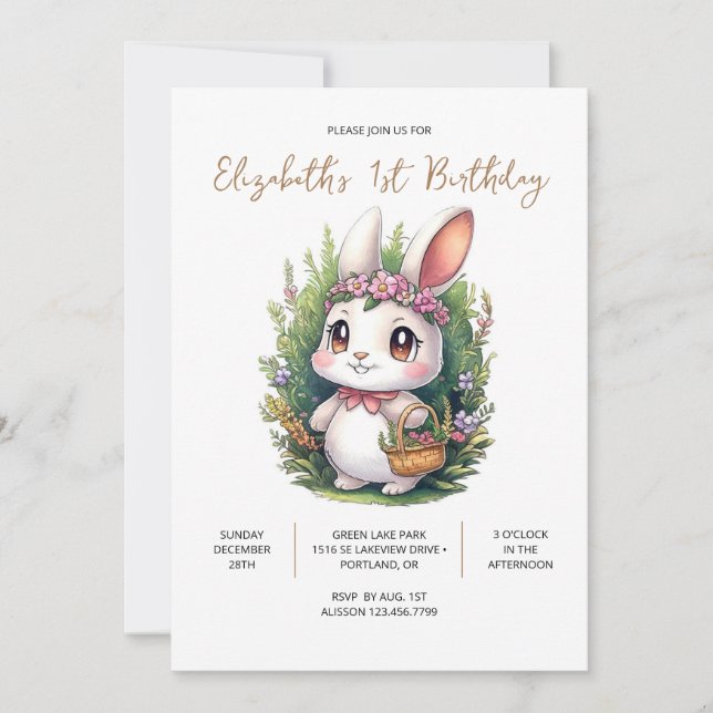 Invitación Elegante conejo 1er cumpleaños digital (Anverso)