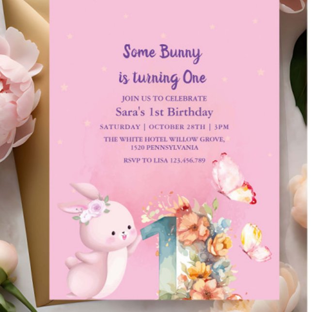 Invitación Elegante conejo primer cumpleaños bebé niña rosada (Subido por el creador)