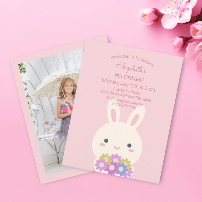 Invitación Elegante conejo rosa y Chica de flores foto de cum (Subido por el creador)