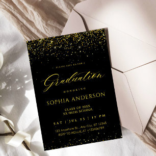 Invitación Elegante Confeti de Oro Falso Graduación Negra