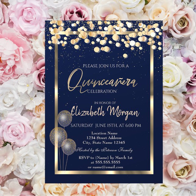 Invitación Elegante Confetti Balón Marina Azul Quinceañera (Subido por el creador)