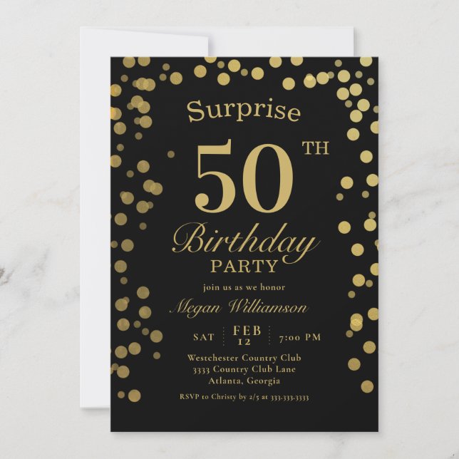 Invitación Elegante Confetti de oro Black Surprise 50 cumplea (Anverso)