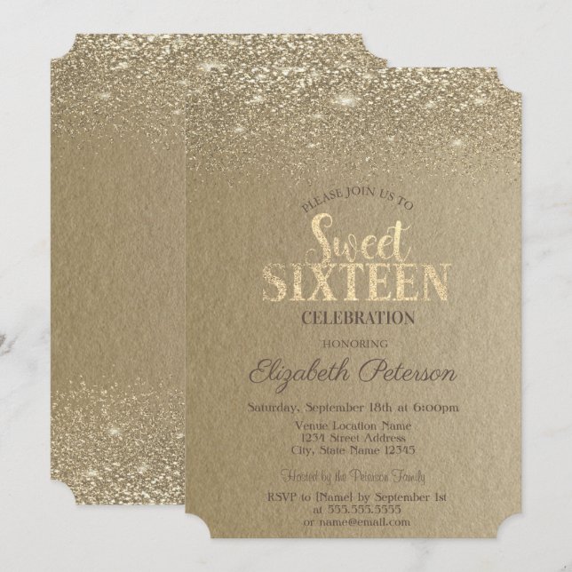 Invitación Elegante Confetti de oro Diamantes Kraft Sweet 16 (Anverso / Reverso)