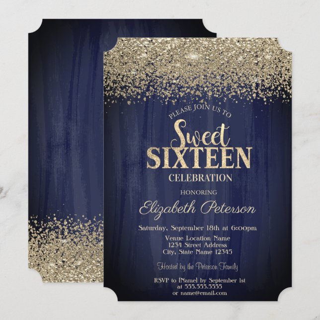 Invitación Elegante Confetti de oro Diamantes Marina Dulce Az (Anverso / Reverso)