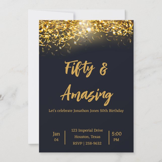 Invitación Elegante Confetti de oro en negro | 50.º cumpleaño (Anverso)