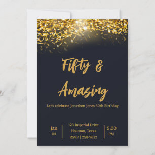 Invitación Elegante Confetti de oro en negro   50.º cumpleaño