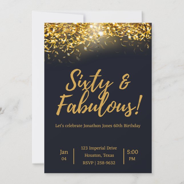 Invitación Elegante Confetti de oro en negro | 60 cumpleaños (Anverso)