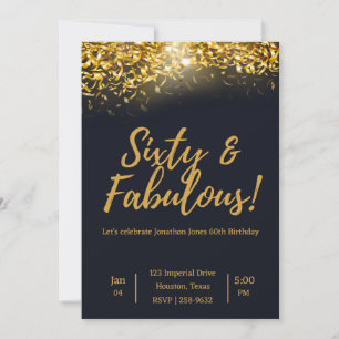 Invitación Elegante Confetti de oro en negro 60 cumpleaños