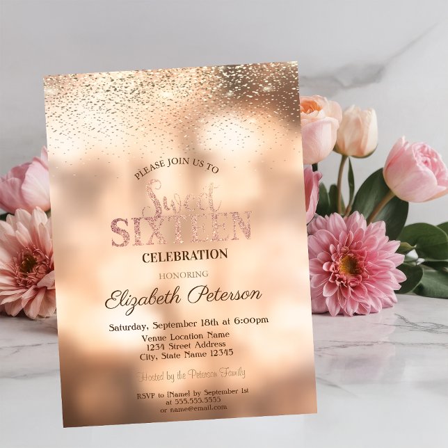 Invitación Elegante Confetti de oro moderno, Bokeh Sweet 16 (Subido por el creador)