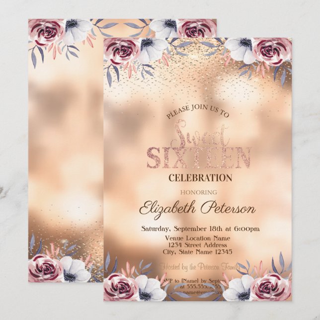 Invitación Elegante Confetti de oro moderno, Rosas dulces 16 (Anverso / Reverso)