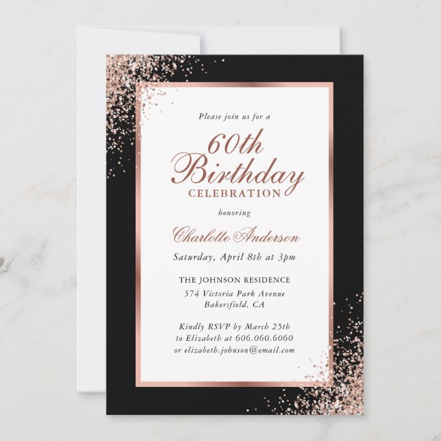 Invitación Elegante Confetti de Oro Negro y Rosa 60º cumpleañ (Anverso)