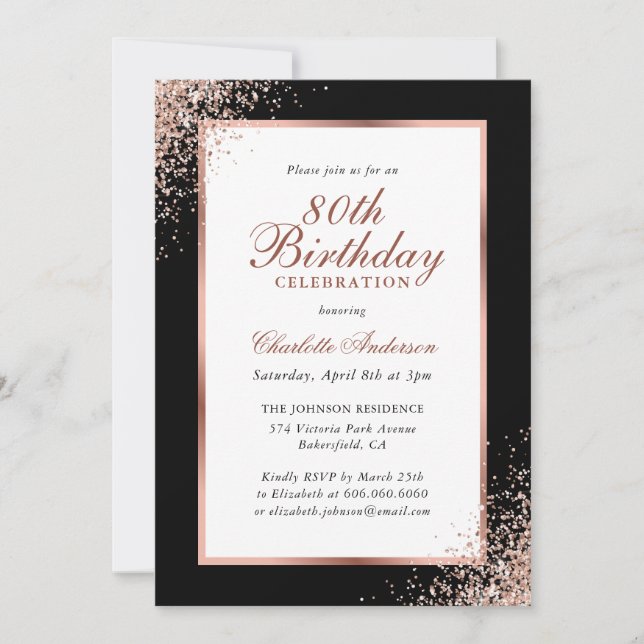 Invitación Elegante Confetti de Oro Negro y Rosa 80º cumpleañ (Anverso)