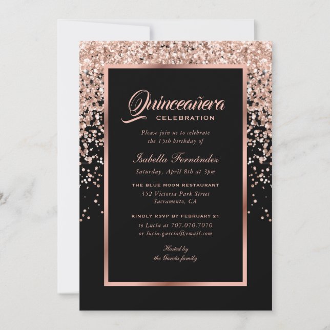 Invitación Elegante Confetti de Oro Negro y Rosa Quinceañera (Anverso)