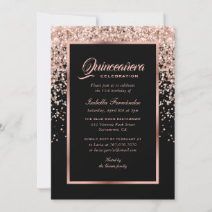 Invitación Elegante Confetti de Oro Negro y Rosa Quinceañera