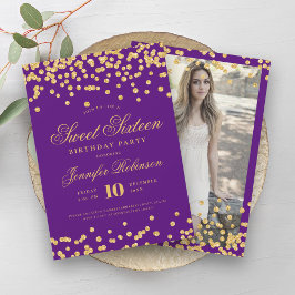 Invitación Elegante Confetti de oro púrpura dulce 16