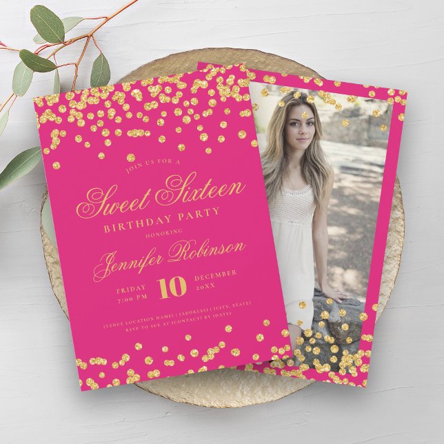 Invitación Elegante Confetti de oro rosado caliente Dulce 16 (Elegant Hot Pink Gold Confetti Photo Sweet 16 Invitation)