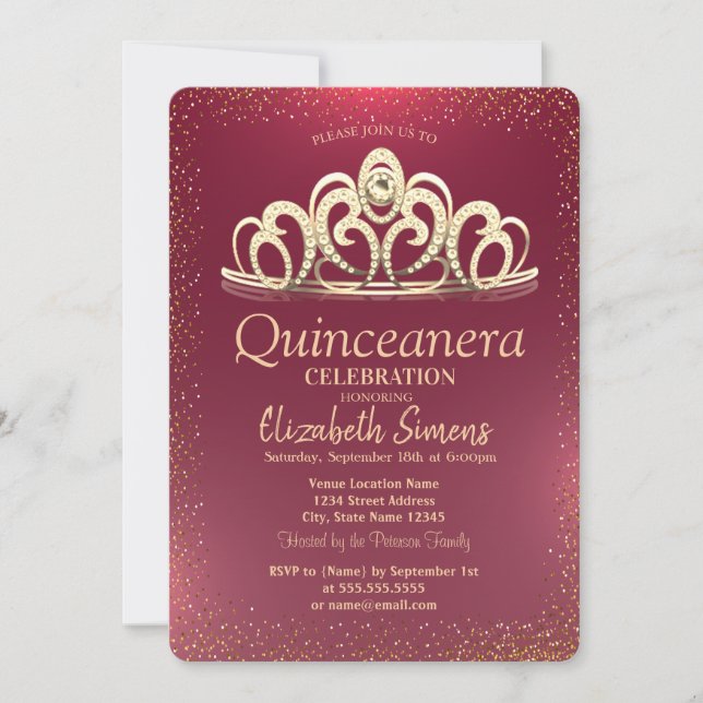 Invitación Elegante Confetti de oro Tiara Burgundy Quinceañer (Anverso)