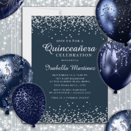 Invitación Elegante Confetti de Plata Azul de la Marina Quinc