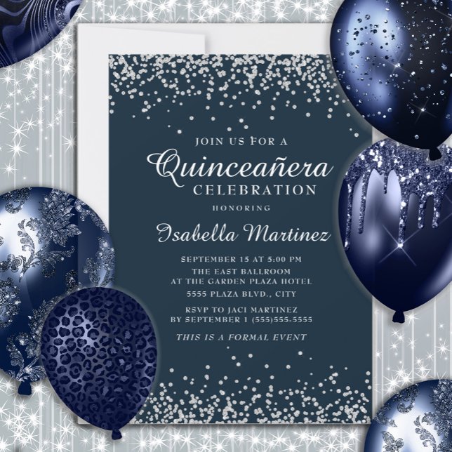 Invitación Elegante Confetti de Plata Azul de la Marina Quinc (Navy blue and silver glitter Quinceañera birthday party invitation)