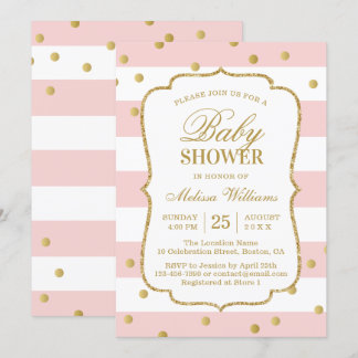 Invitación Elegante Confetti dorado rayas rosadas Baby Shower