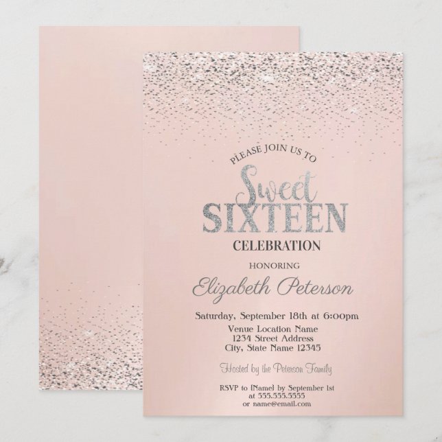 Invitación Elegante Confetti Moderno Dulce 16 (Anverso / Reverso)