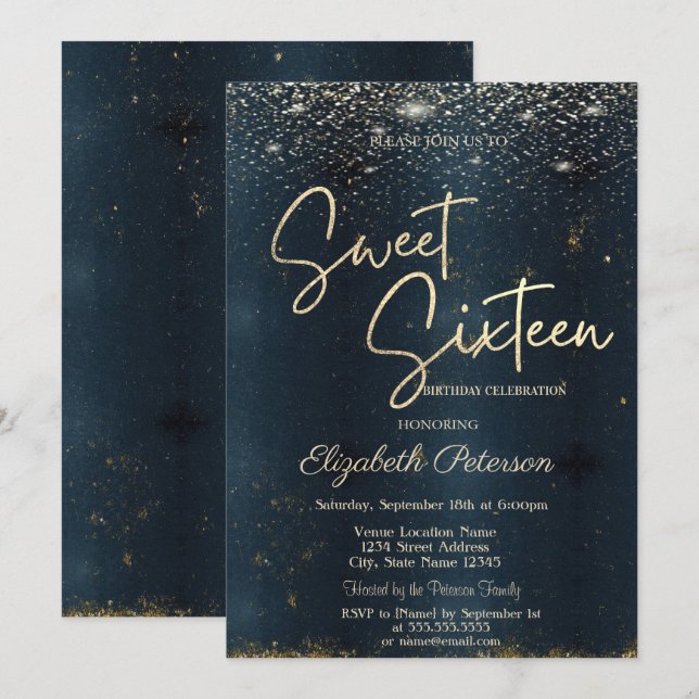 Invitación Elegante Confetti Moderno Dulce Azul Oscuro 16 (Anverso / Reverso)