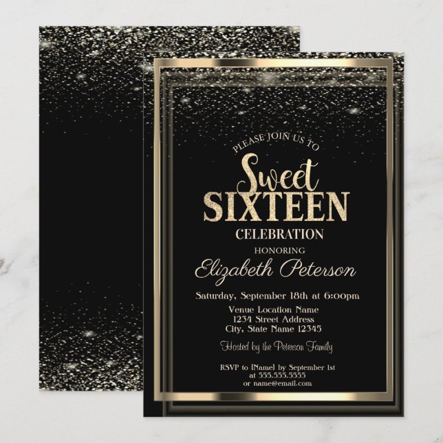 Invitación Elegante Confetti moderno marco dorado dulce 16 (Anverso / Reverso)