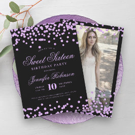Invitación Elegante Confetti negro púrpura Dulce 16