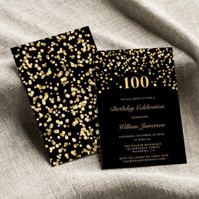 Invitación Elegante Confetti Negro y Oro 100h Cumpleaños (Subido por el creador)