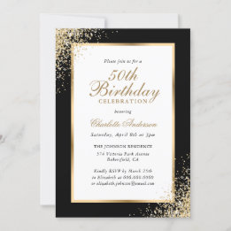 Invitación Elegante Confetti Negro y Oro 50 cumpleaños
