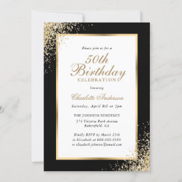 Invitación Elegante Confetti Negro y Oro 50 cumpleaños