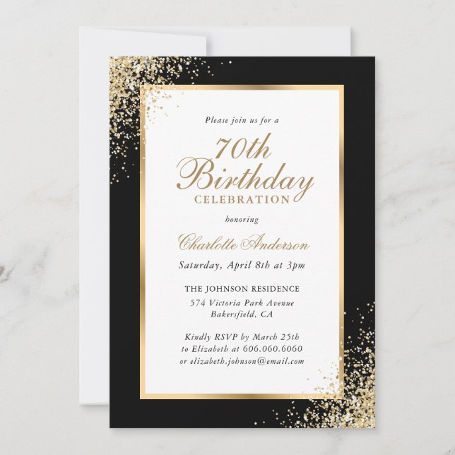 Invitación Elegante Confetti Negro y Oro 70 cumpleaños (Anverso)